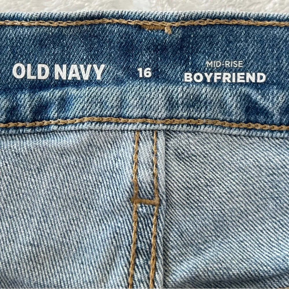 Old Navy Boyfriend Jeans Mid Rise Straight Ripped Smiley Face Happy Remix Blu 16